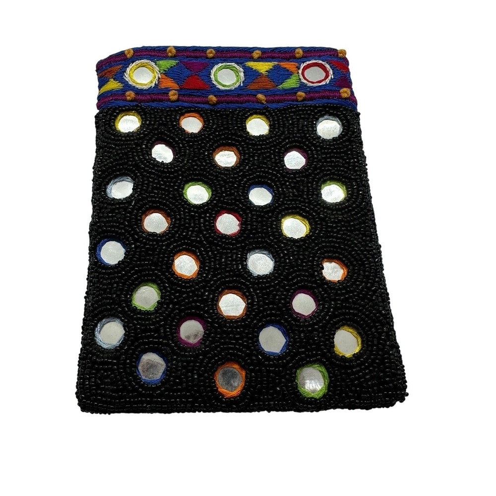 Vintage‎ Cache Beaded Coin Purse Lined Zipper Pouch Black Aztec Print Mirrors